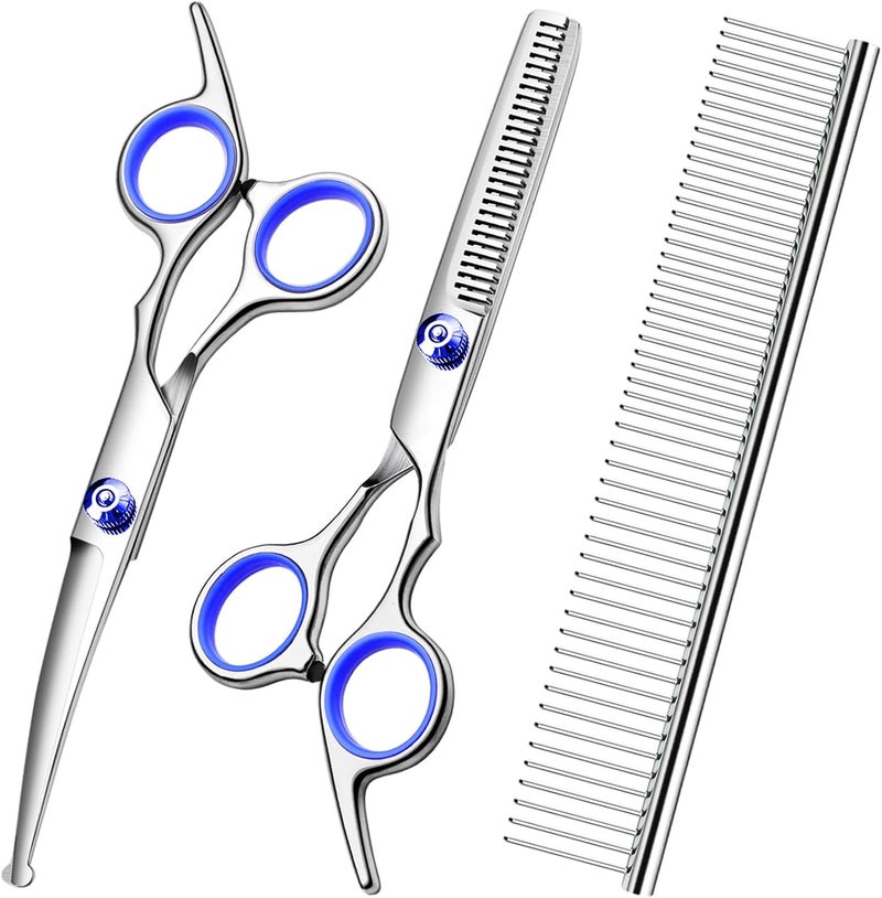FAIGEO Professional Dog Grooming Scissors Kit, Titanium Coated Dog Scissors for Grooming, Grooming Shears Kit - Thinning, Curved Scissors and Comb for Dog Cat Pet (Blue 4 in 1) - Image 1
